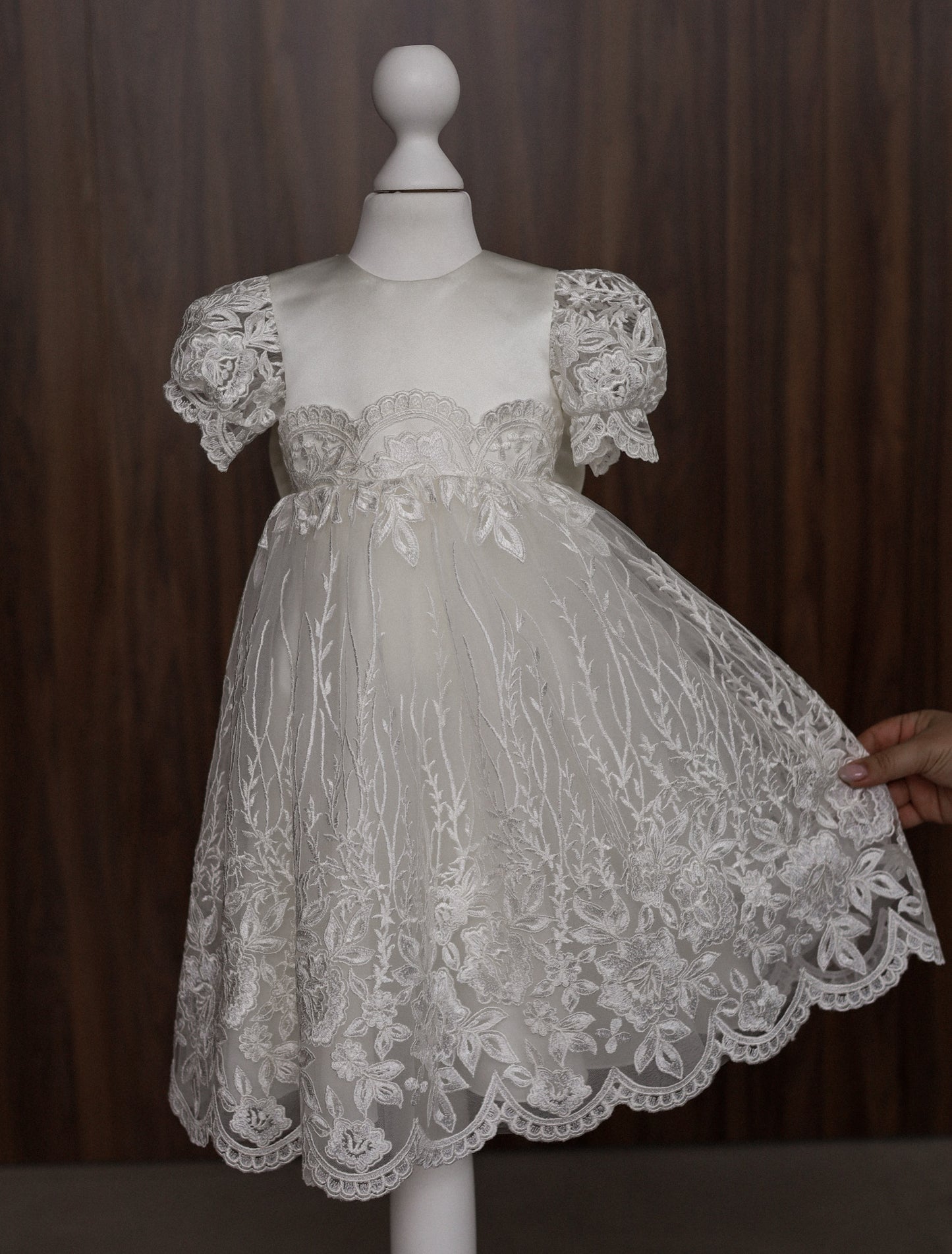 CW14 – Ivory Lace Christening Dress Set, Short Sleeve