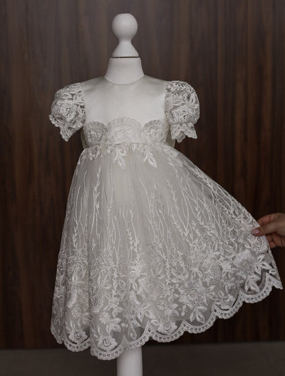 CW14 – Ivory Lace Christening Dress Set, Short Sleeve