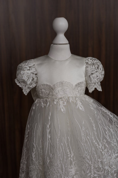CW14 – Ivory Lace Christening Dress Set, Short Sleeve