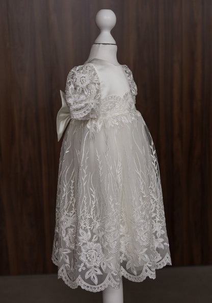 CW14 – Ivory Lace Christening Dress Set, Short Sleeve