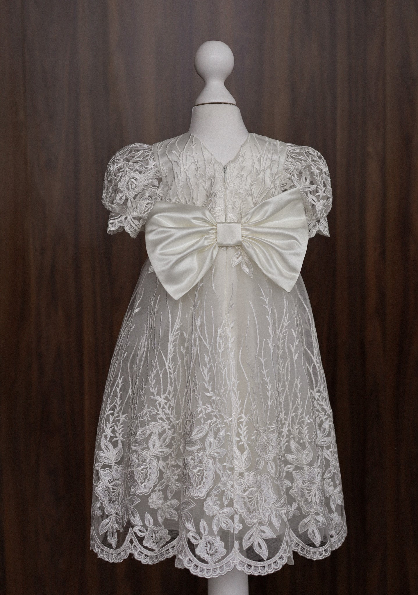 CW14 – Ivory Lace Christening Dress Set, Short Sleeve
