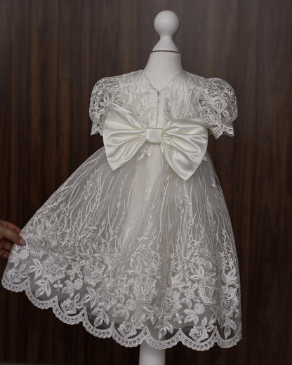 CW14 – Ivory Lace Christening Dress Set, Short Sleeve