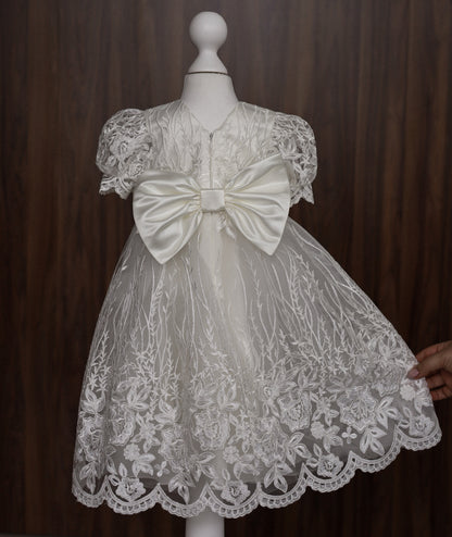 CW14 – Ivory Lace Christening Dress Set, Short Sleeve