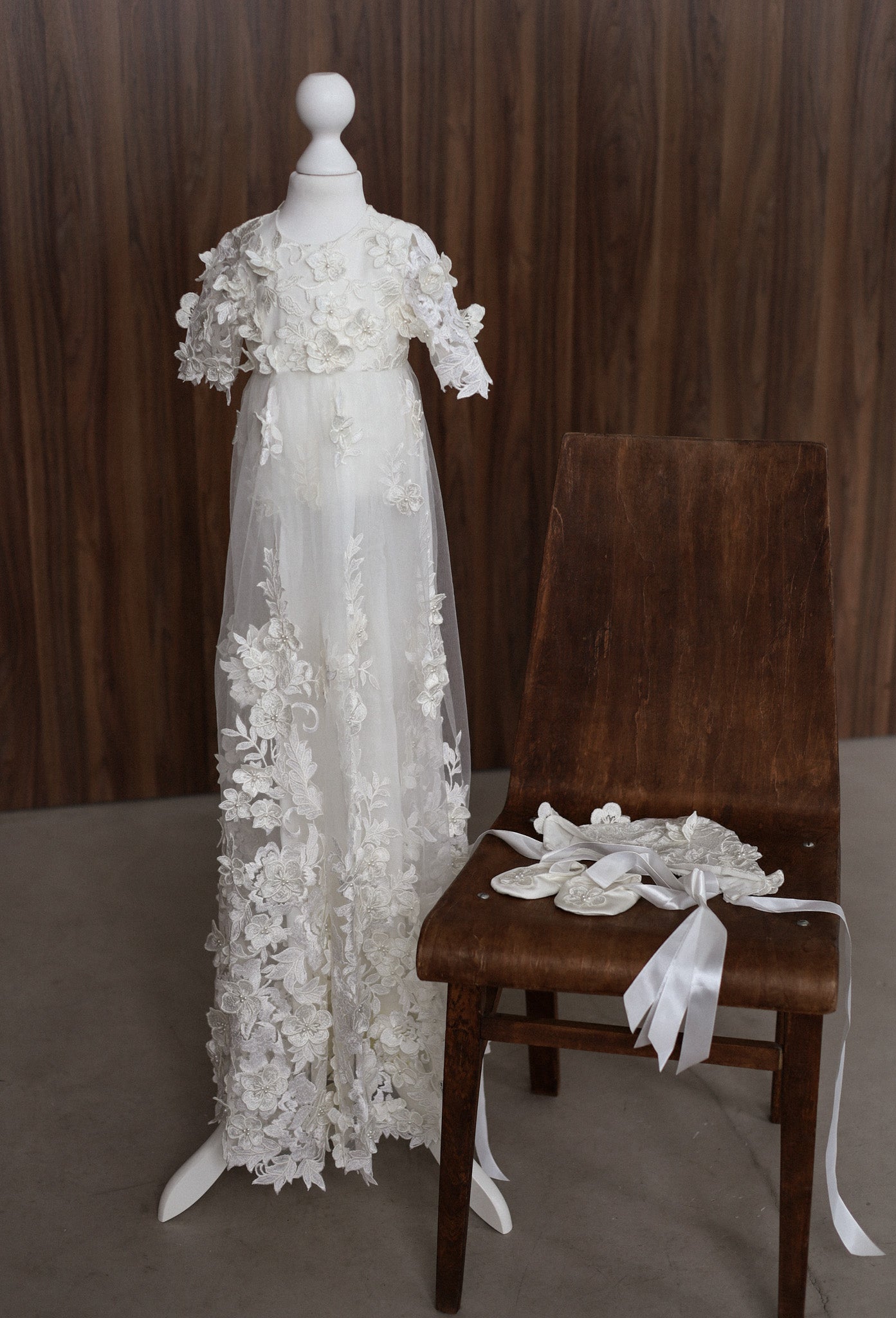 0129 Dress Set - Ivory Floral Christening Dress Set