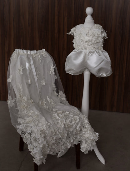 0129 Overall Set Pink - Ivory Floral Christening Overall Set
