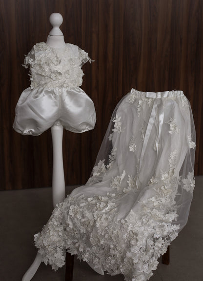 0129 Overall Set Pink - Ivory Floral Christening Overall Set