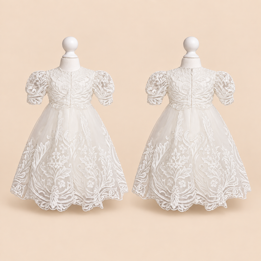 CW07/1 Ornate Embroidered Lace Christening Baptism Dress with Puff Sleeves