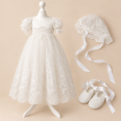 CW14 – Ivory Lace Christening Dress Set, Short Sleeve