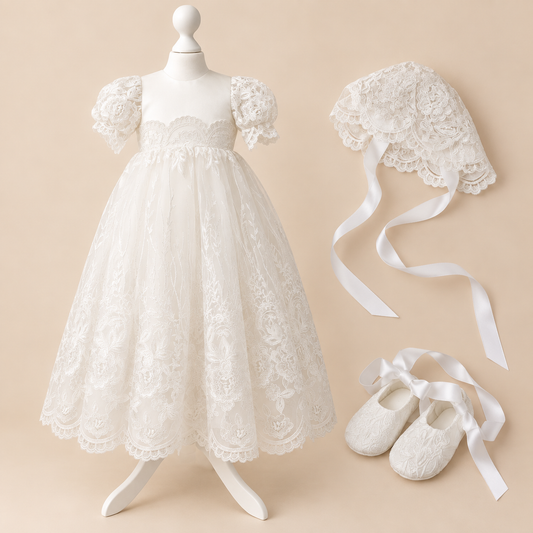 CW14 – Ivory Lace Christening Dress Set, Short Sleeve